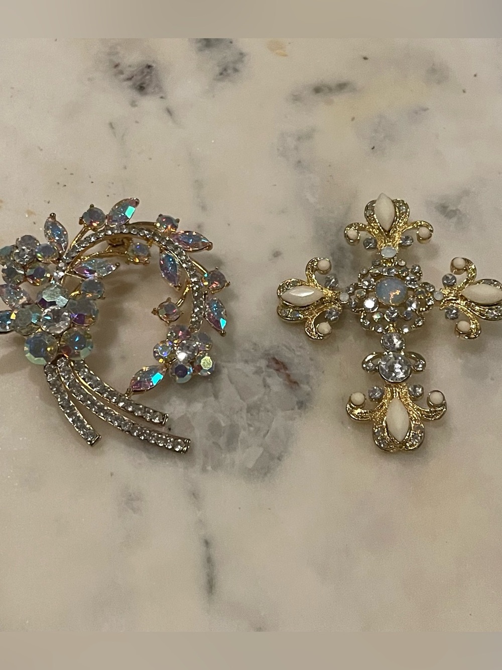 Gold-tone Crystal Floral Brooch Set - Iridescent and White Accents